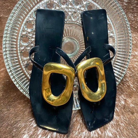 Jeffrey Campbell Linques Flip Flop | Black/Gold | Women’s 7 | Pre-Loved - Picture 1 of 7